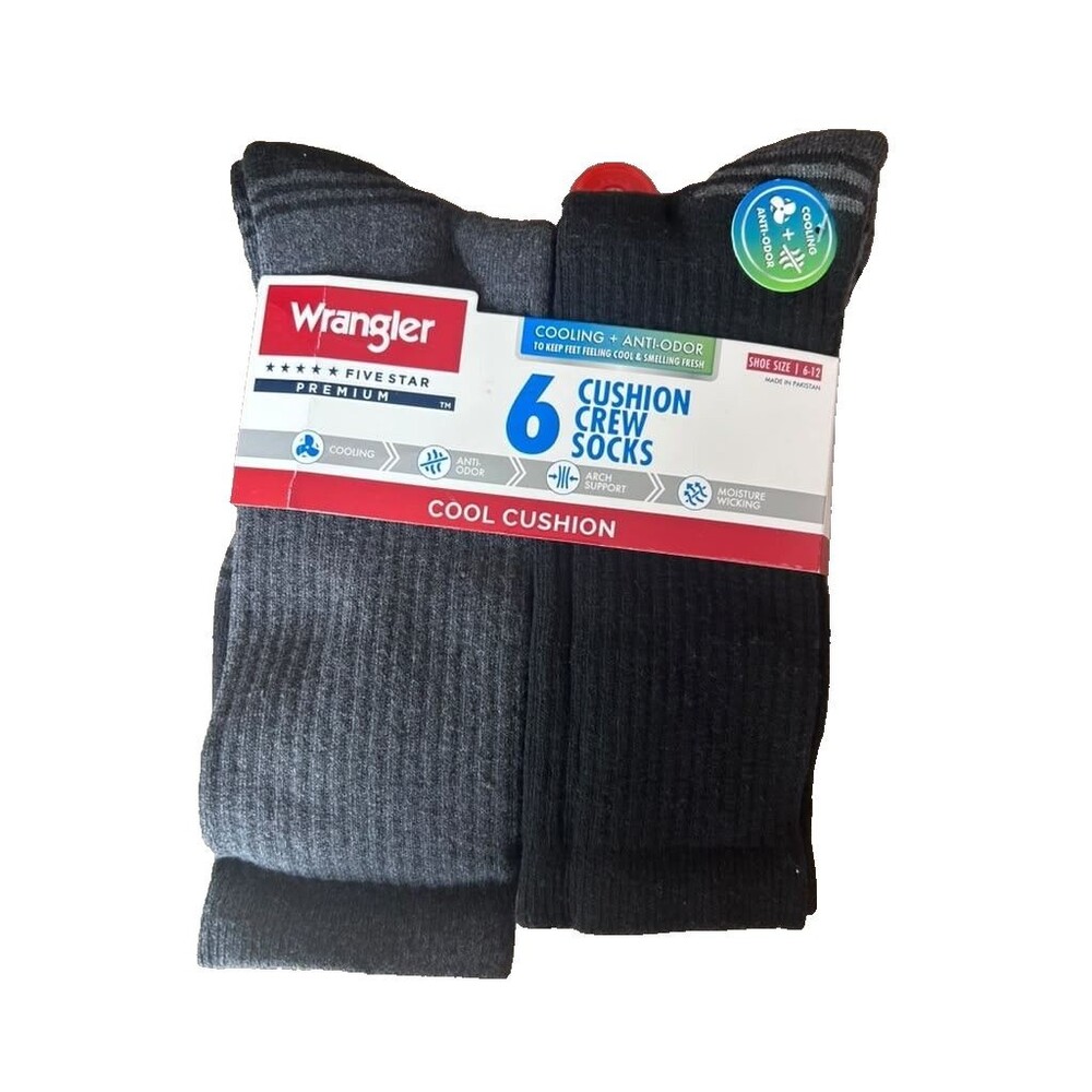 Wrangler Essential Cool Comfort Full Cushion Crew Sock, 6-12 Black , 6-Pack New
